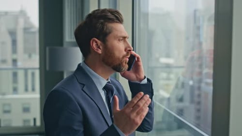 Worried Employee Calling Mobile Phone Gesturing Hands Panoramic Office Closeup