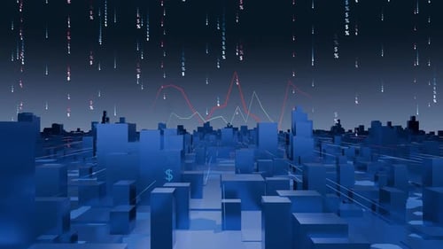 Futuristic Digital Cityscape with Financial Data and Business Trends