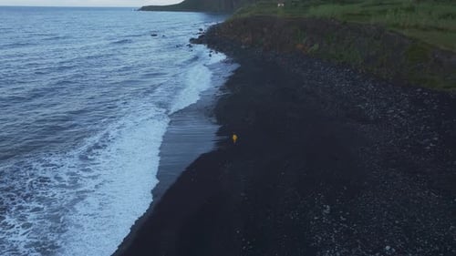 Aerial view of black sand beach at sunrise, Portugal.