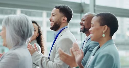 Business people, applause and group in workshop, crowd and together for training