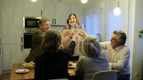 Group of adults toasting with wine at home