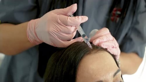 Medical Professional Injects Scalp with Syringe