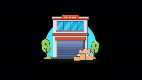 Shop Building with Boxes and Delivery Car. Pick Up Point Concept Animation Video - Transparent