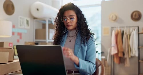 Entrepreneur, small business or laptop for fashion logistics, e commerce cargo or inventory in shop