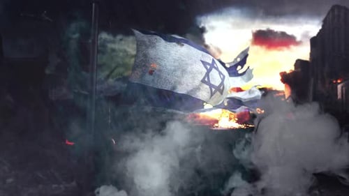 Distressed Israeli Flag Amidst War and Destruction