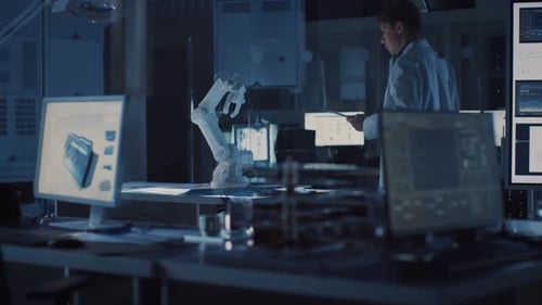 Professioneller Robotikingenieur in der Schwerindustrie im weißen Kittel mit Tablet-Computer geht durch