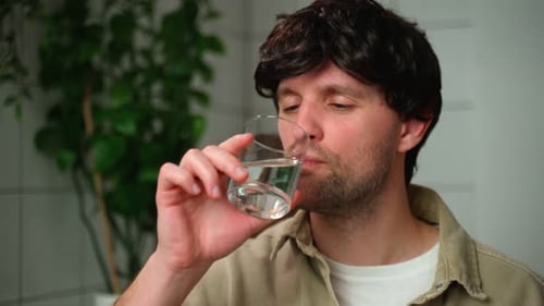 Junger Mann trinkt Wasser Porträt eines Mannes mit einem Glas Süßwasser in der Küche Das Konzept von