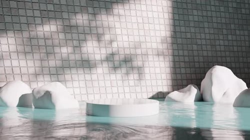 Imagen de representación 3D de un podio redondo en la superficie del agua cerca de las rocas en el estudio