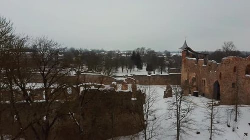 Ruins of Ancient Livonian Order's Stone Medieval Castle Latvia Aerial Drone Top Shot From Above . Re