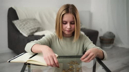 Cute Little Girl Counting Cash Coin Money