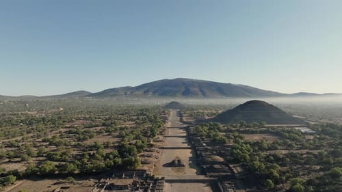 Amazing Shot Of Teotihuacan City of Gods, Aztec Pyramids, Hot Air Balloons Filling Blue Sky, Mexico