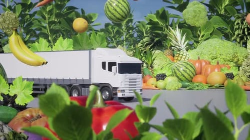 Truck Transporting Fresh Fruits and Vegetables in a Lush Farm Setting