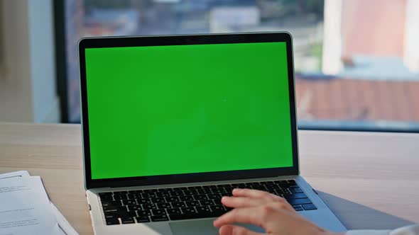 Hand Turning Green Screen Laptop Application at Office Closeup ...