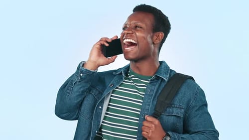 Phone call, happy and black man in a studio for communication, discussion
