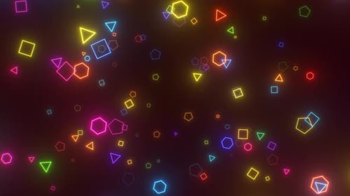Colorful Neon Glowing Geometric Polygon Shapes Fly Toward 3D Camera - 4K