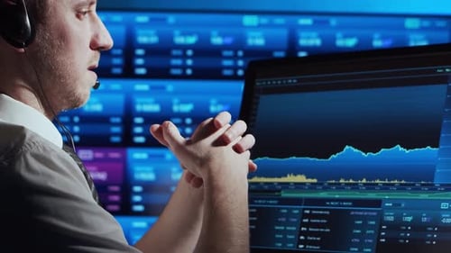 Trader Works in Office Using Workstation and Analysis Technology Workplace of Professional Crypto