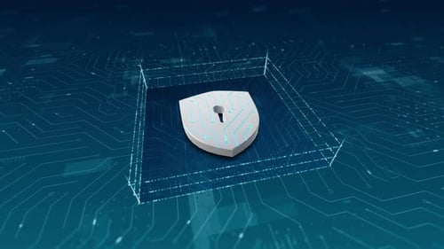 Digital Security Shield Icon Animation On Circuit Board