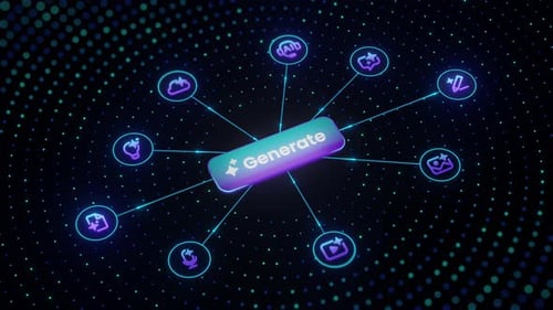 Top view of glowing Generate button surrounded by AI tool icons in circular layout