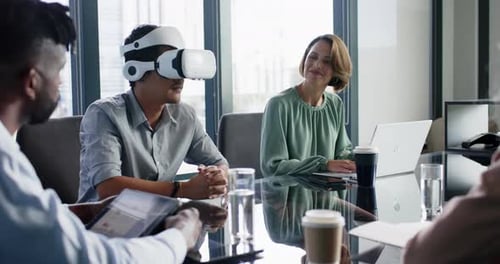 Using VR headset, man in business meeting with colleagues in modern office