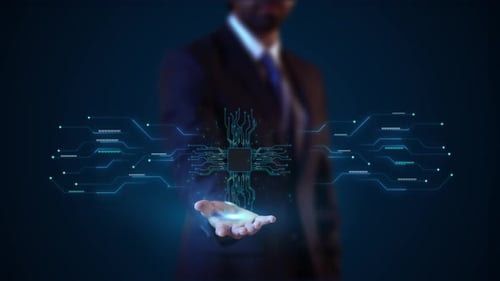 Empresário: display, holograma, placa de circuito digital, plano de fundo, processadores centrais de computador