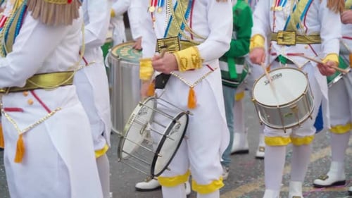 Parade Performers Playing Drums in Uniforms