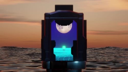 Flying Over the Sunset Ocean Through a Portal Into a Virtual Moon Night Waving Digital Ocean