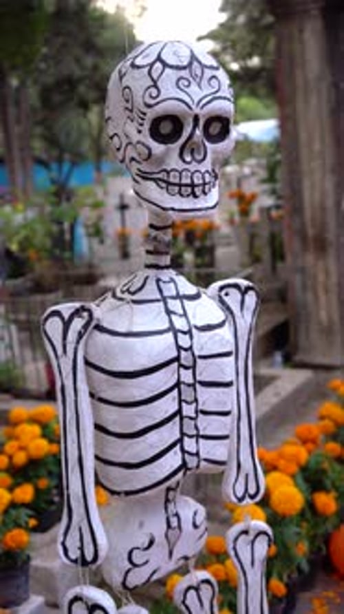 Vibrant Paper Skeletons Adorn Cemetery During Day of the Dead Festivities