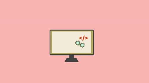 Flat Design Computer Monitor Animation Showing Coding Process