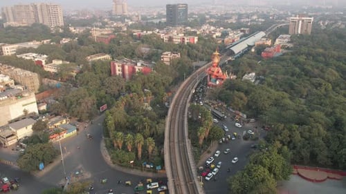 Aerial drone Shot of Delhi Metro at Hanuman Temple Karol Bagh New Delhi India