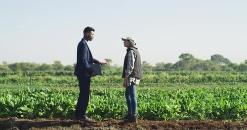 Farm, agriculture and handshake with a woman farmer and business man meeting in the farming