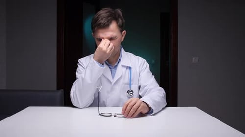 Tired Doctor with Headache Rubbing Eyes in Office