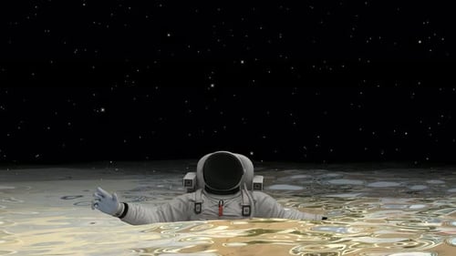 Astronaut floating in liquid metal. Background, Universe, Stars