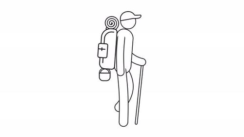 Icon tourist man goes on a trek with large backpack and stick