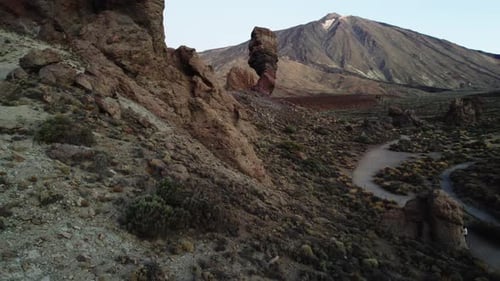 Mountain range in dry deserted landscape of Teide National Park. Scenery of highest volcano