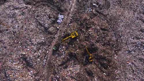 Aerial View of Yellow Excavators in a Large Landfill