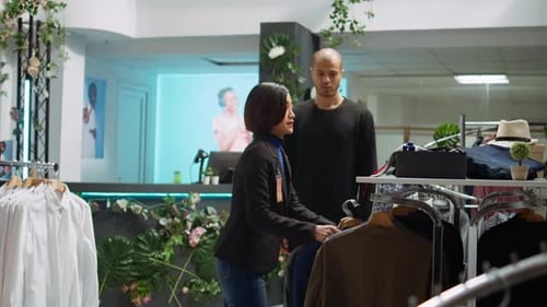 Saleswoman Assists Man with Suit Selection in Store