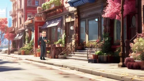 Animated Character Walking and Texting with Phone on City Street