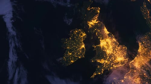 Fly Above The Ireland. Uk View From Space Orbit. Planet Earth At Night. Night Globe