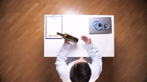 Doctor Sitting at Desk Examining an Empty Bottle of Alcohol Indicating a Struggle with a Drinking