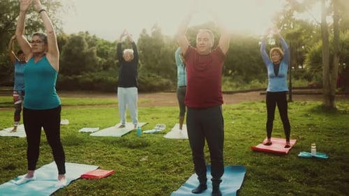 Senior people doing workout activity in a public park - Health elderly people lifestyle