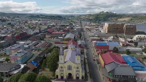 Aerial View Iconic Yellow Church of San Francisco Castro Chiloe