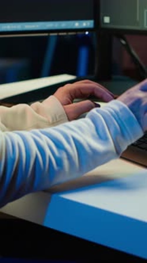 Vertical Video Teleworking Computer Technician Typing on Keyboard Close Up