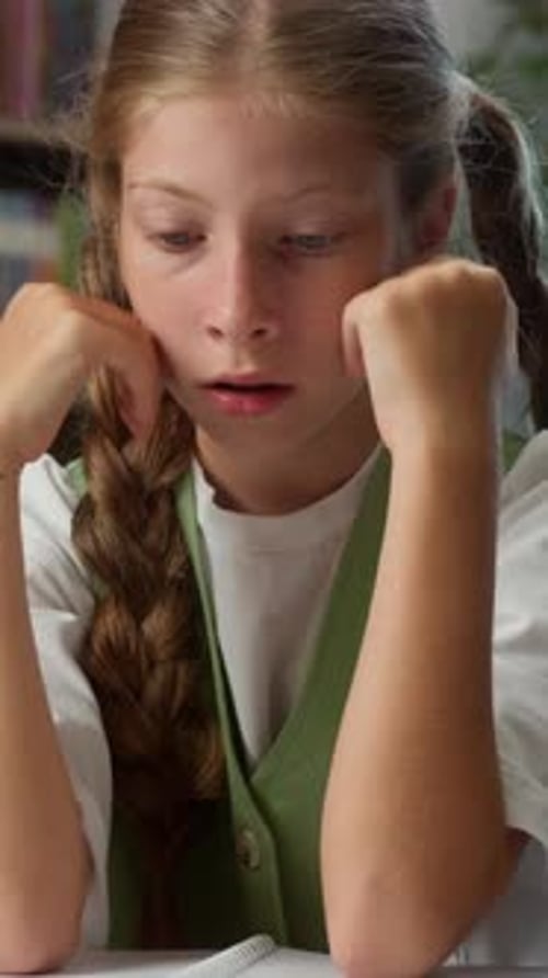 Overload Caucasian Little Girl Child Kid Holding Head Feeling Headache Reading Book School Knowledge