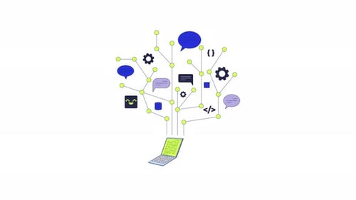 Laptop generating communication and coding tree structure 2D animation