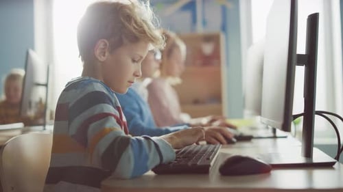 Elementary School Classroom: Smart Boy Uses Personal Computer, Learning How to Use Internet Safely,