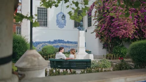 Gentle Lovers Dating Bench Spring Square Back View Affectionate Couple Feelings