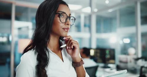 Tablet, thinking and businesswoman in office with planning, research or brainstorming for UX