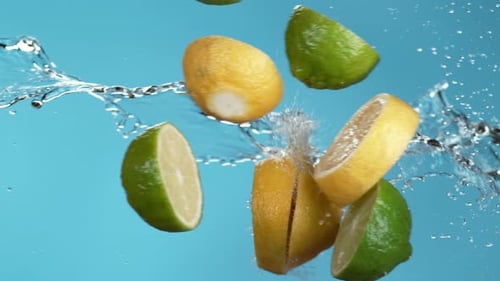 Bright Sliced Citrus Fruit Falling with Water