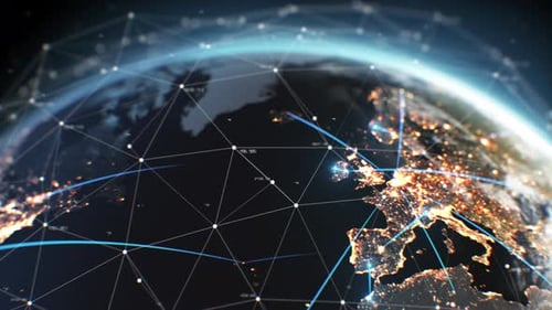 Globales digitales Netz, das über der Erde wächst. 3D-Animation von Looped Net. Künstliche neuronale Netzwerke, die den Planeten abdecken.