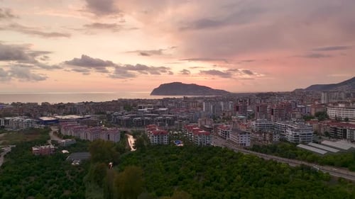 Aerial View Evening Descends on Turkey Pink Clouds Fill the Sky